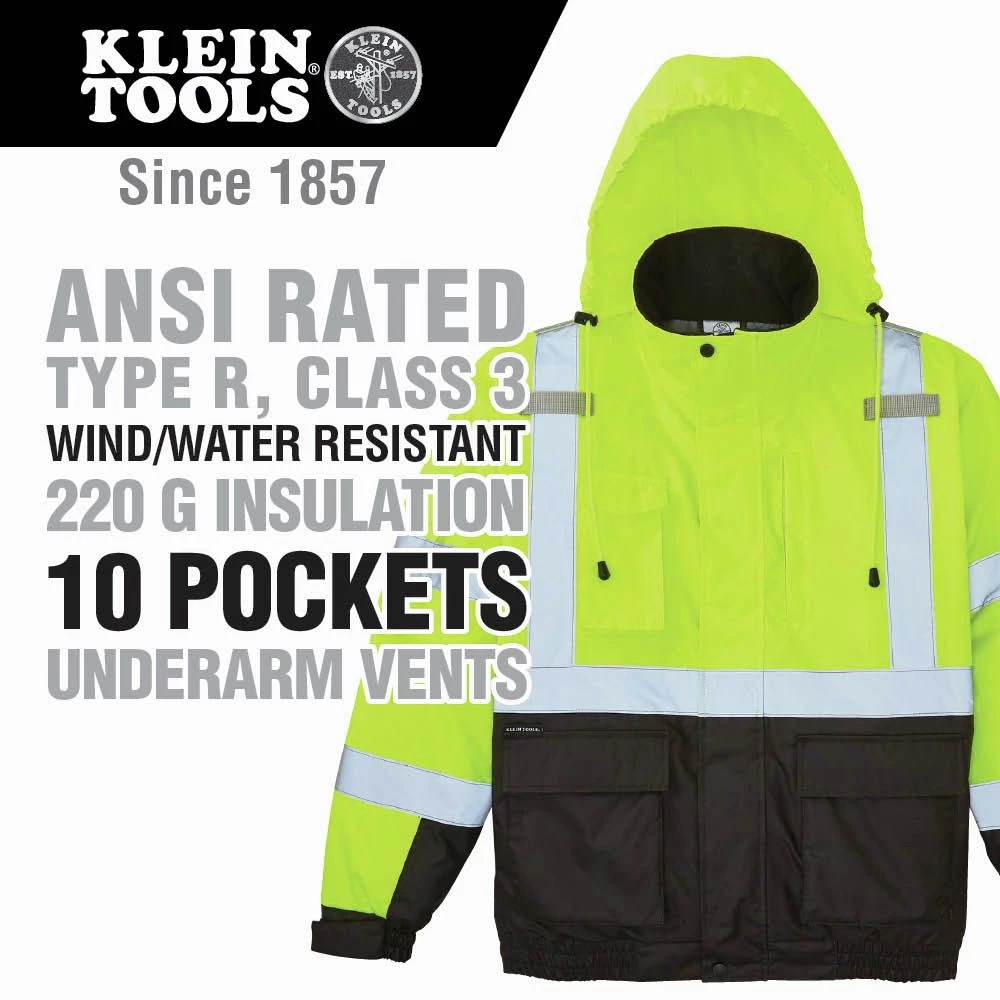 Klein Tools 60380 Reflective Winter Bomber Jacket - X-Large, High-Visibility Yellow/Black 2 Klein Tools 60380 Reflective Winter Bomber Jacket - X-Large, High-Visibility Yellow/Black - Image 2